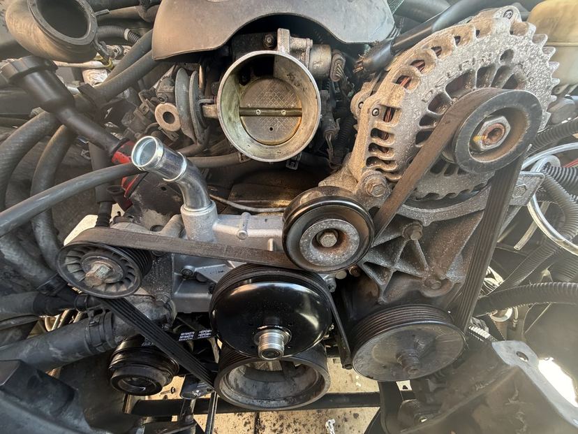 Engine front with serpentine belt, pulleys, alternator and throttle body exposed