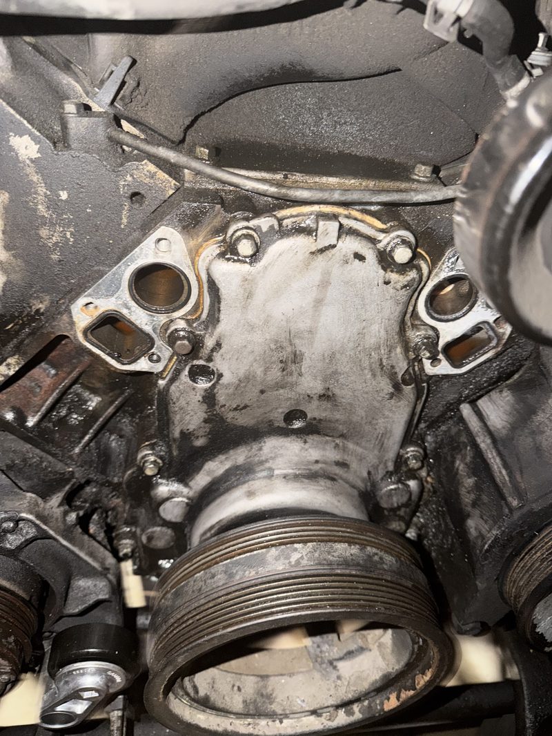 Engine block with timing cover removed during timing chain service